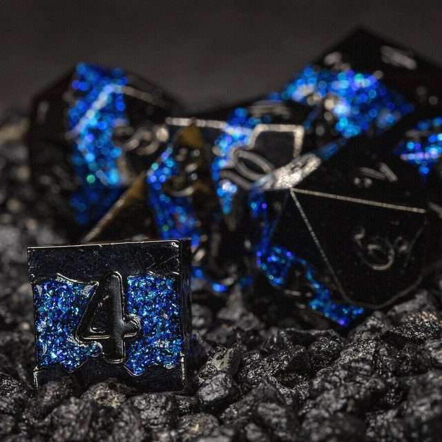 Sage's Rift Stones - Gloss Black Blue Metal Polyhedral Dice Set image 8
