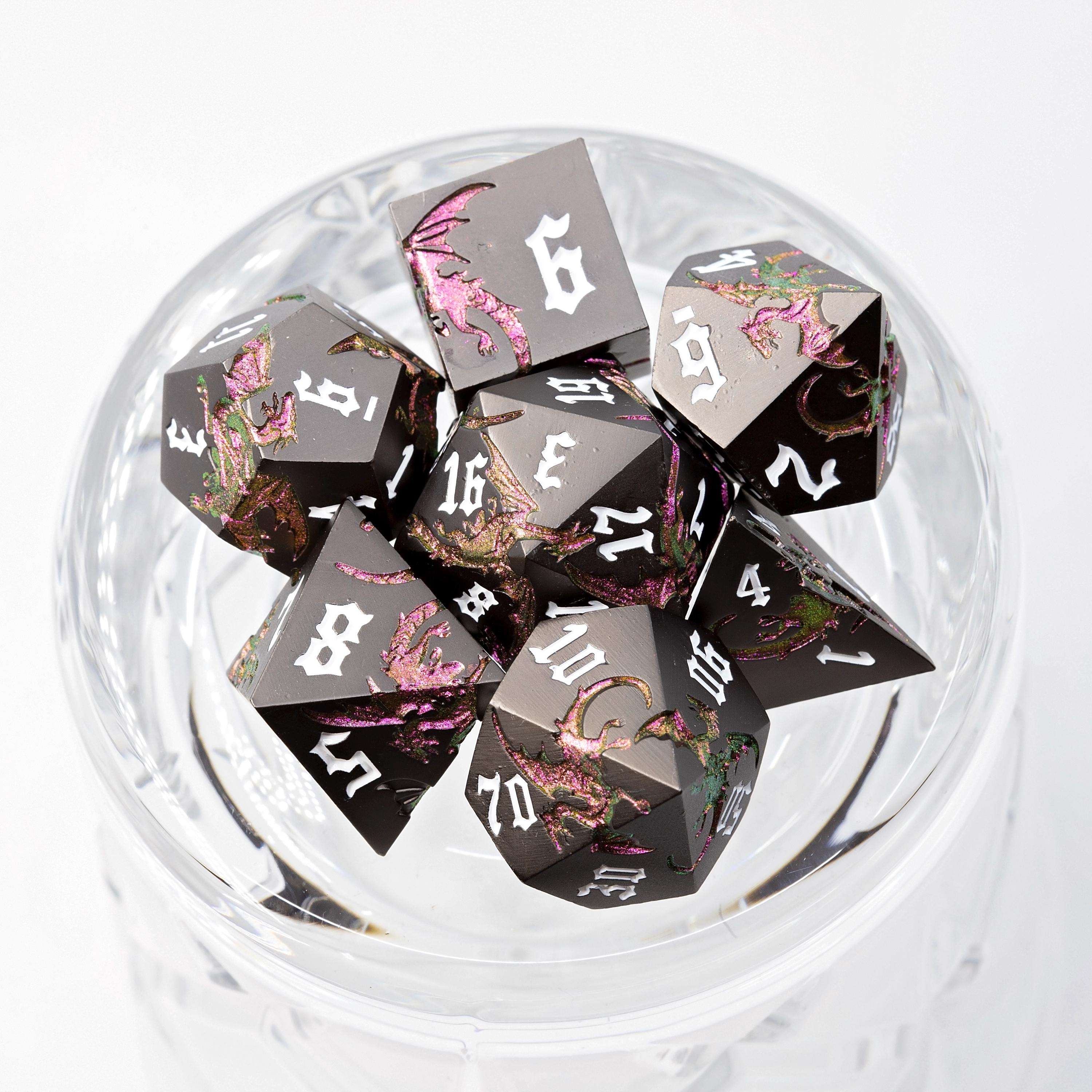 Black & Pink Metal DND Dice Set | Sage’s Dragon Etchings | Rose Gold Engraved Dragons Polyhedral Dice