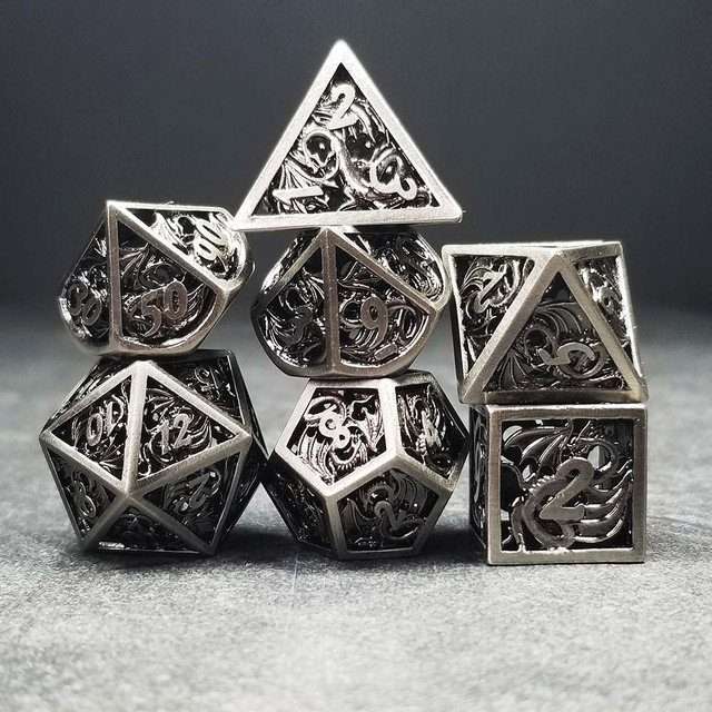 Sage's Dragonstones - Elder Dragon Satin Silver Hollow Metal Polyhedral Dice Set image 1