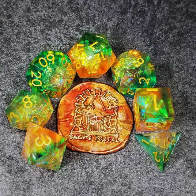 Sage's Enchanted Crystals Green/Peach Gold Ink Sharp Edge Resin Dice Set image 14