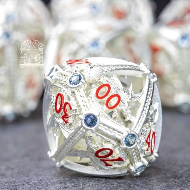 Sage’s Dragon Orb Silver Blue Diamond Hollow Metal Polyhedral Dice Set image 5