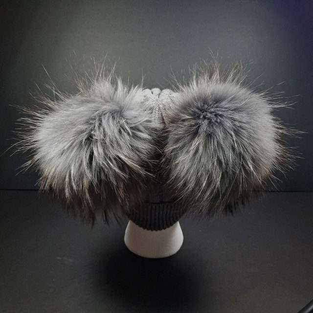 Sage’s Cap – Grey Wool Beanie with Double Raccoon Pompom image 3