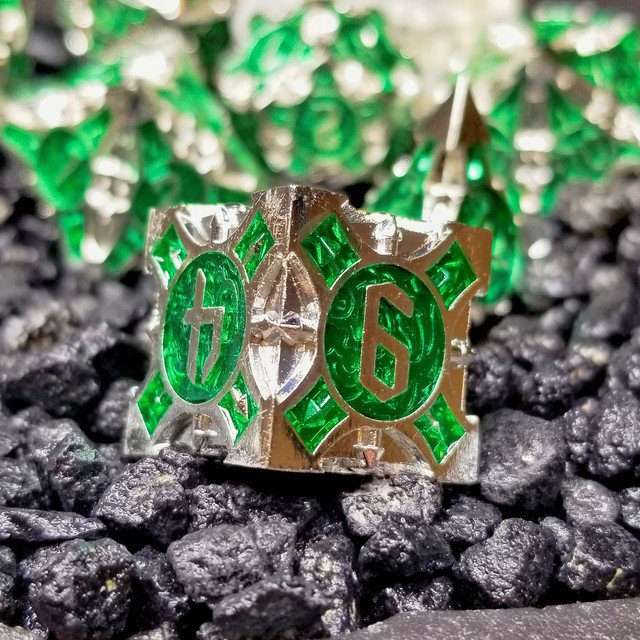 Sage’s Runic Caltrops Silver/Green Metal Polyhedral Dice Set image 6