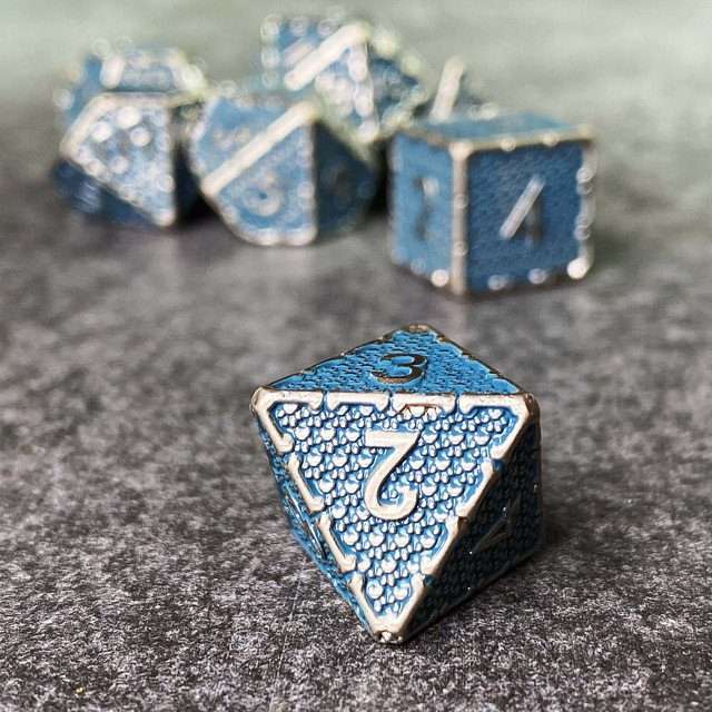 Sage's Hounds - Vintage Blue with Nickel Silver Metal Polyhedral Dice Set image 6