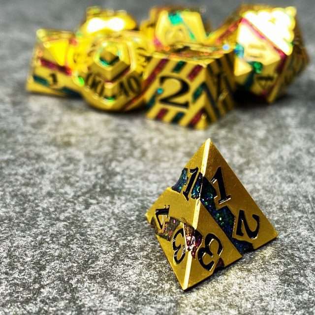 Sage's Dimension Stones - Gold Purple/Green Glitter Stripes Metal Polyhedral Dice Set image 7