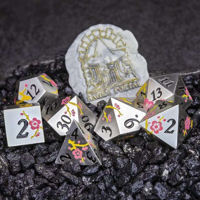 Sage's Petrified Flowers Silver Pink/Yellow Flowers Metal Polyhedral Dice Set image 1
