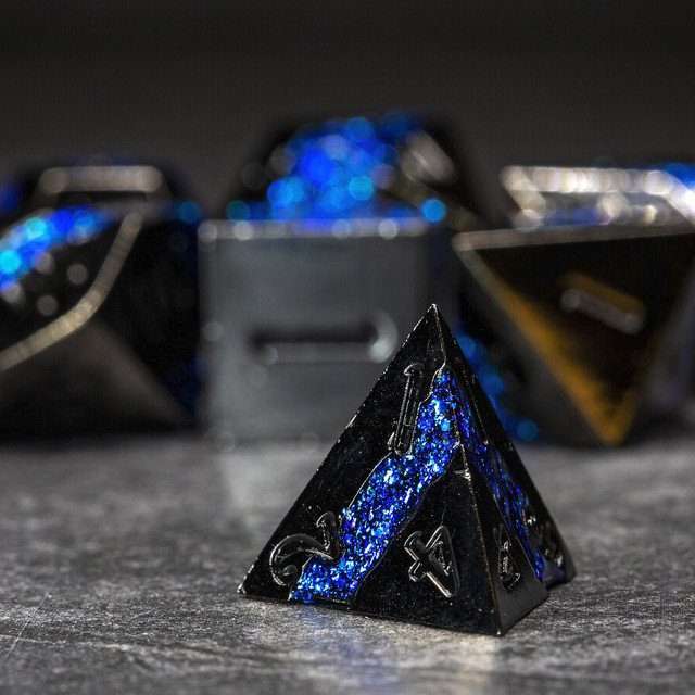 Sage's Rift Stones - Gloss Black Blue Metal Polyhedral Dice Set image 7