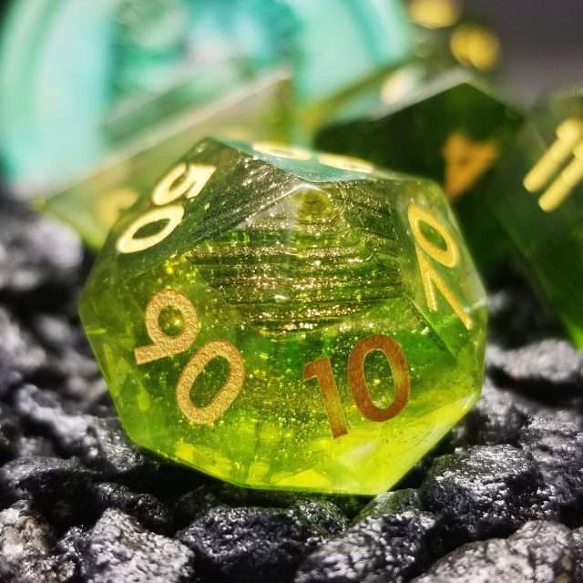 Sage's Treasures- Green Glass Layered Gold Glitter Gemstone Polyhedral Dice Set image 3