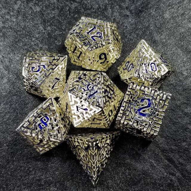 Sage's Labyrinths - Silver Weave Blue Ink Hollow Metal Polyhedral Dice Set image 31