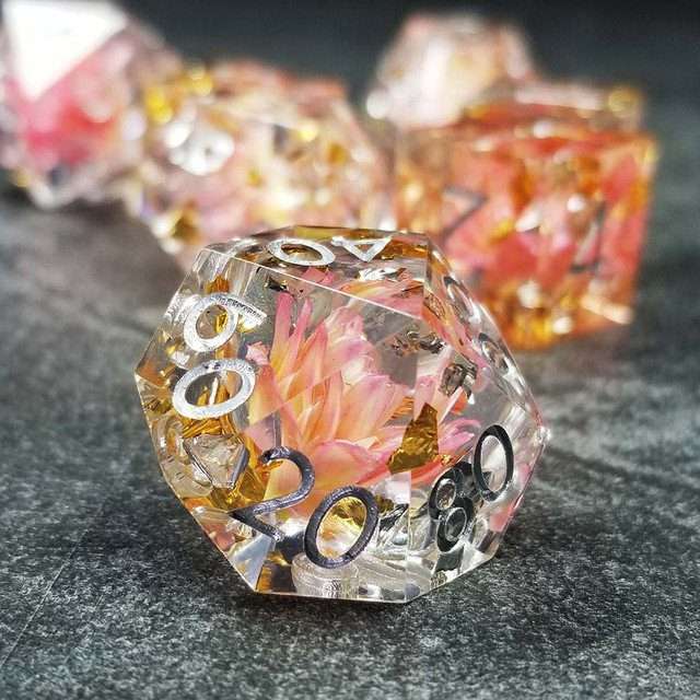 Sage’s Enchanted Flower Pink Sharp Edge Resin Polyhedral Dice Set image 23
