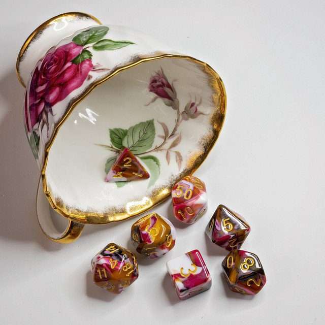 Sage's Stones - Red/Brown/White/Black Gold Ink Acrylic Polyhedral Dice Set image 1