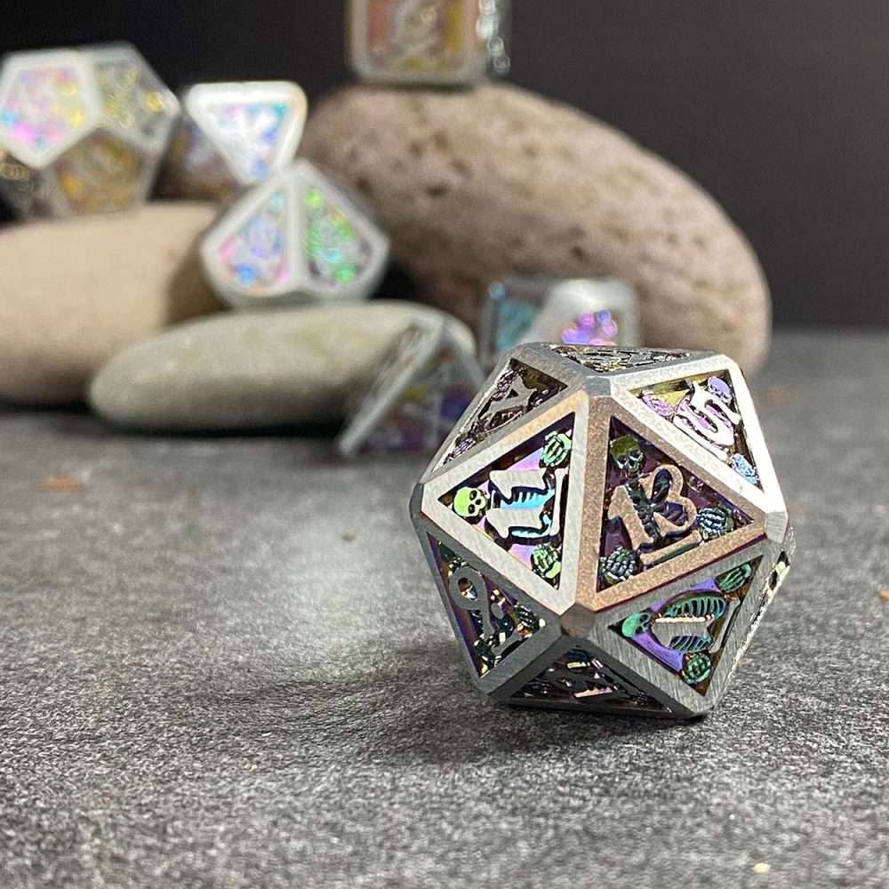 Sage's Grim's Fortunes - Silver/Holo Skull-Bones Metal Polyhedral Dice Set image 11