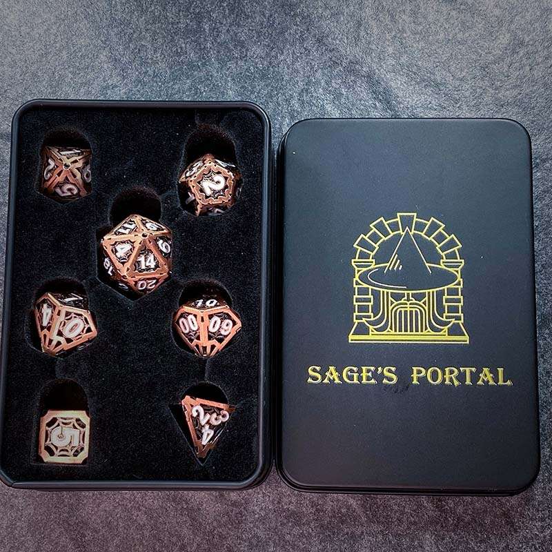 Sage's Gnomish Trinkets - Hollow Copper Spider Trinket White Ink Metal Polyhedral Dice Set image 13