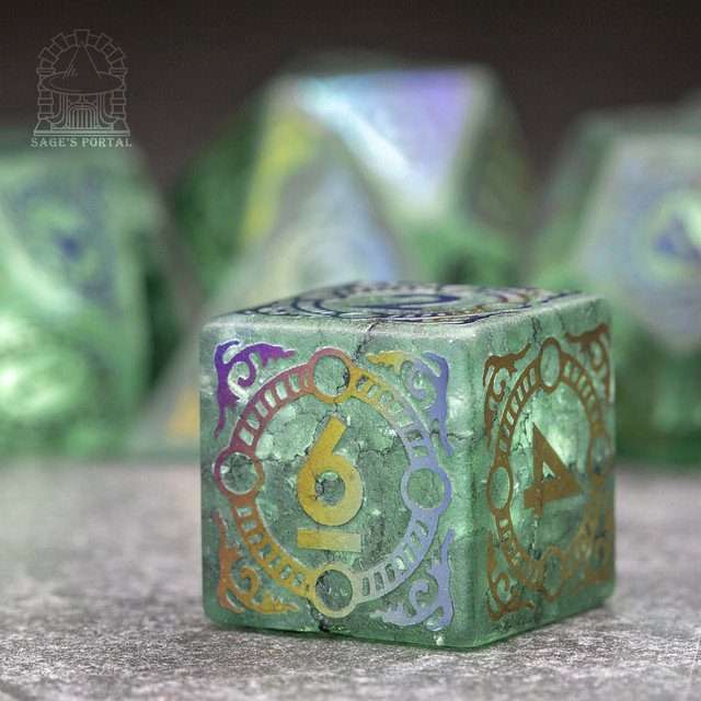 Sage's Glyphed Green Cracked Glass Frosted Finish Polyhedral Dice Set image 6