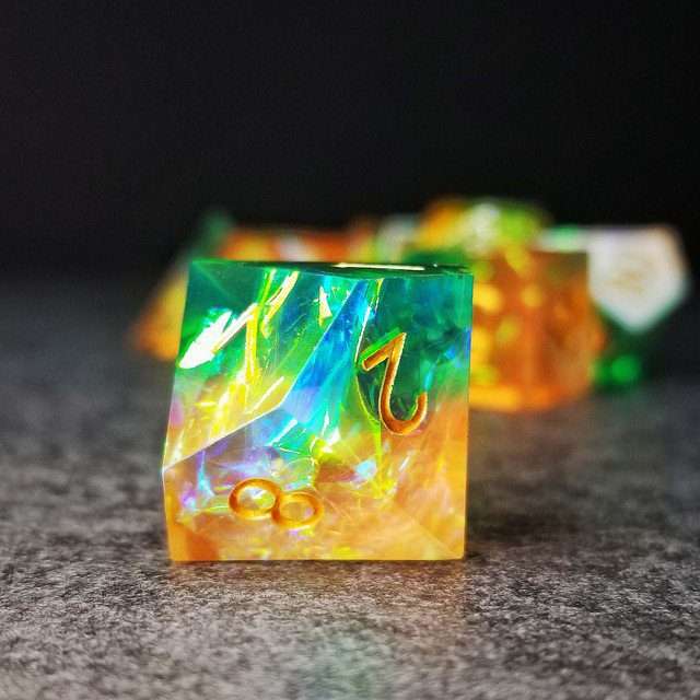 Sage's Enchanted Crystals Green/Peach Gold Ink Sharp Edge Resin Dice Set image 5