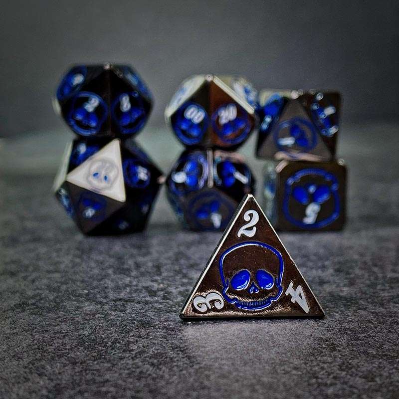 Sage's Grim's Fortunes - Gloss Black with Blue Metal Polyhedral Dice Set image 6