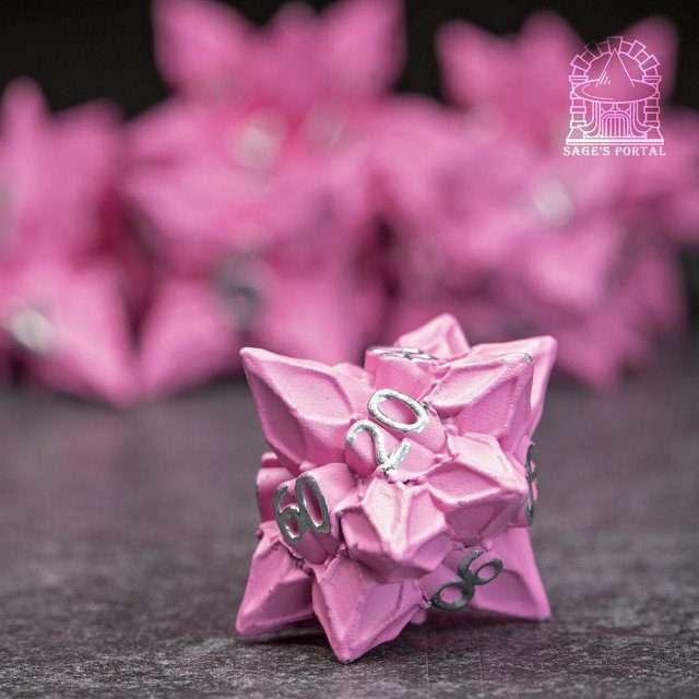 Sage's Deadly Blossoms Painted Pink Metal Polyhedral Dice Set image 3