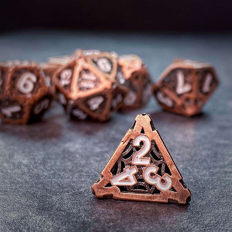 Sage's Gnomish Trinkets - Hollow Copper Spider Trinket White Ink Metal Polyhedral Dice Set image 8