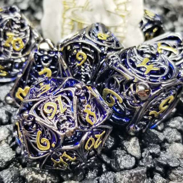 Sage's Macabre Bone Trinket Midnight Blue Inlay Black/Gold Ink Hollow Metal Polyhedral Dice Set image 8