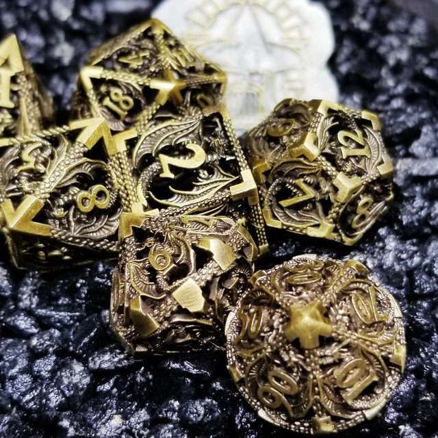 Sage’s Dragonstones Regal Dragon Bronze Hollow Metal Polyhedral Dice Set image 7
