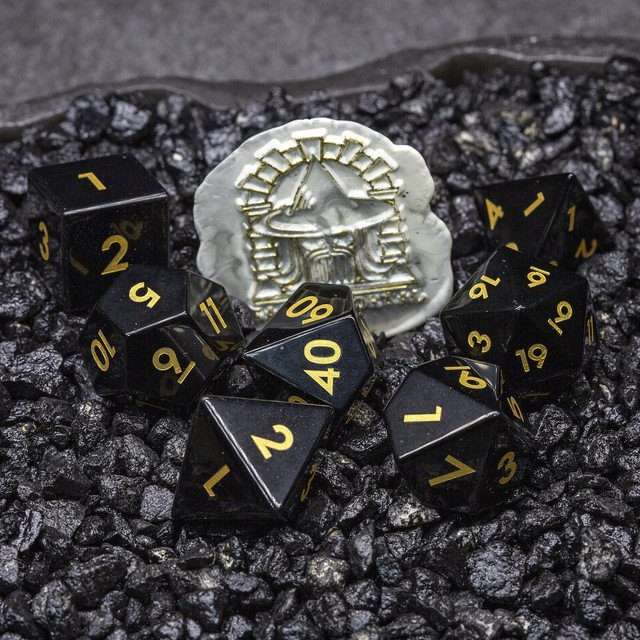 Sage's Treasures - Obsidian Gloss Finish Gold Ink Polyhedral Dice Set image 9