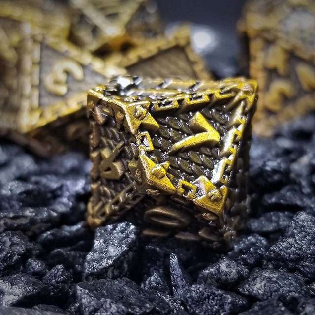 Sage's Dragonstones - Chained Drake Gold Black Metal Polyhedral Dice Set image 3