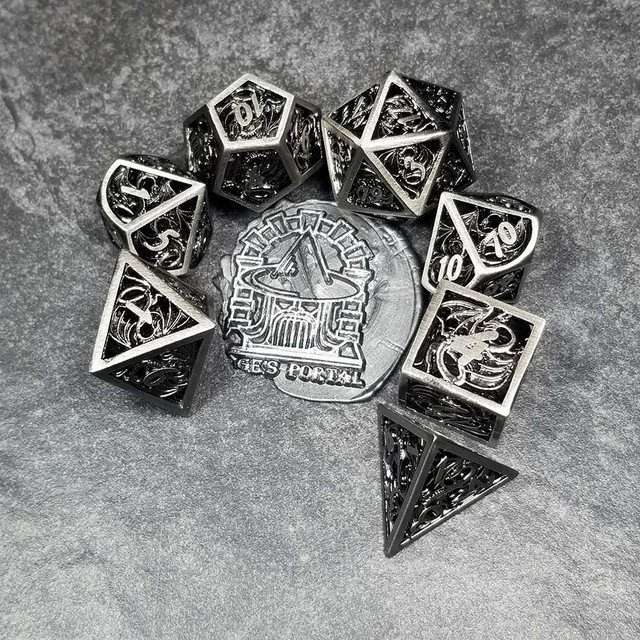 Sage's Dragonstones - Elder Dragon Satin Silver Hollow Metal Polyhedral Dice Set image 11