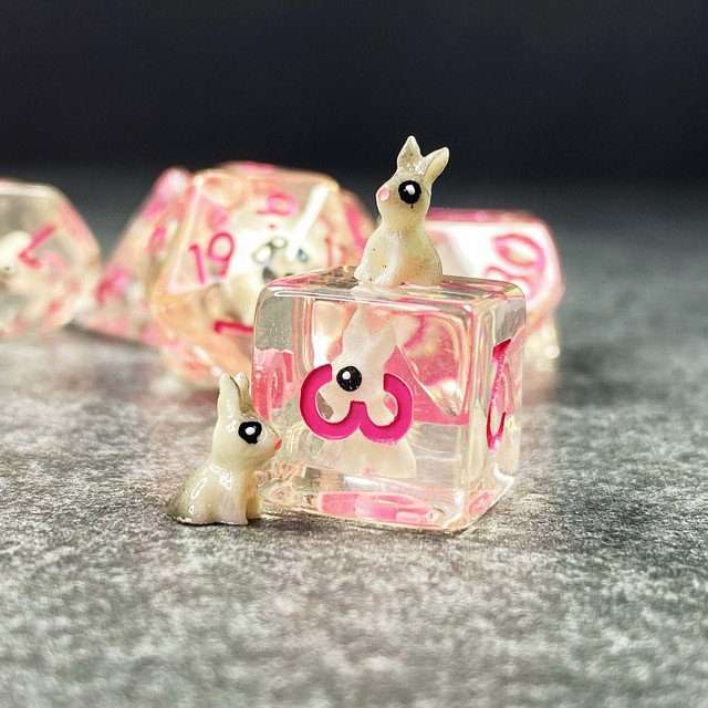 Sage's Familiars- Bunny Familiar Resin Pink Polyhedral Dice Set image 16