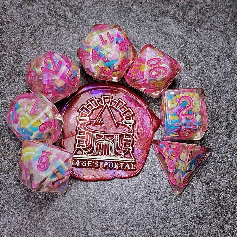 Sage's Cantrips - Transparent Sprinkles Pink Ink Polyhedral Dice Set image 12