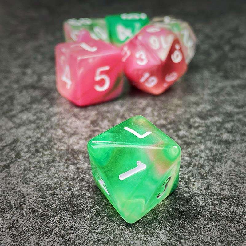 Sage's Capsules - Half Transparent Pink/Green Acrylic Polyhedral Dice Set image 6