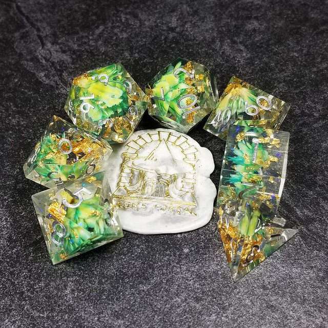 Sage’s Enchanted Flower Cyan Sharp Edge Resin Polyhedral Dice Set image 38