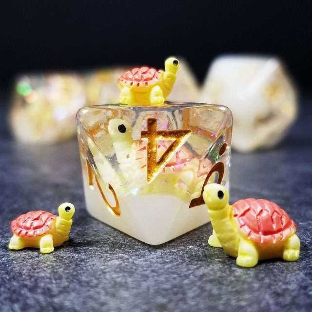 Sage's Familiars- Pink Baby Turtle Familiar Resin Polyhedral Dice Set image 4