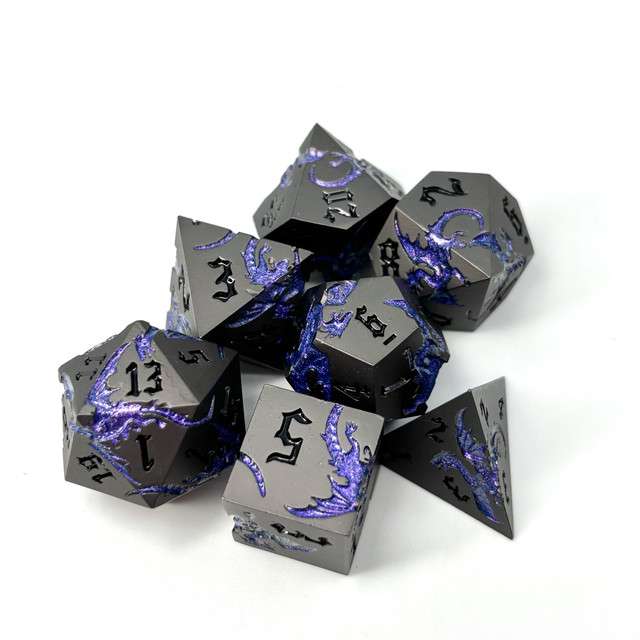 Sage’s Dragon Etchings Black/Purple Metal Polyhedral Dice Set image 5