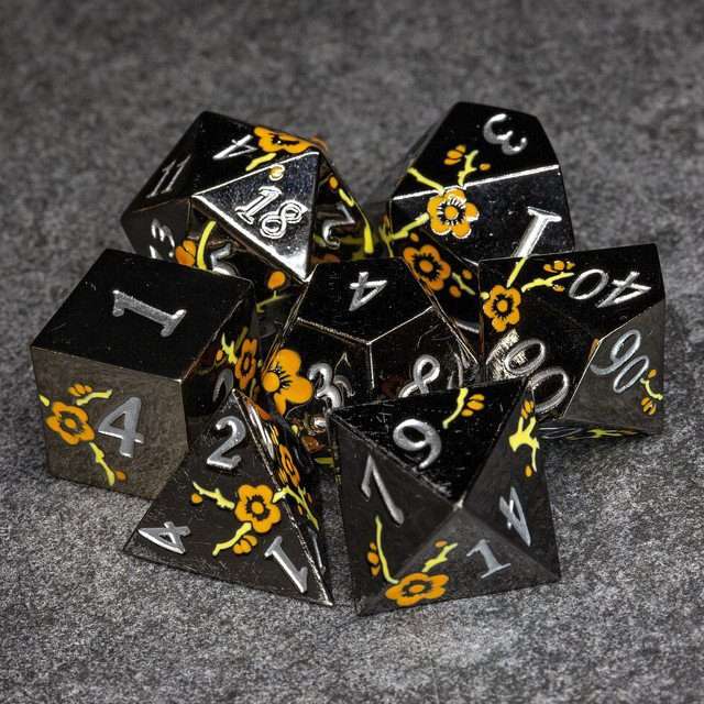 Sage's Petrified Flowers Black Orange/Yellow Flowers Metal Polyhedral Dice Set image 8