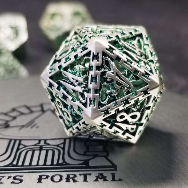 Sage's Dragonstones - Chained Noble Dragon Green Hollow Metal Polyhedral Dice Set image 1