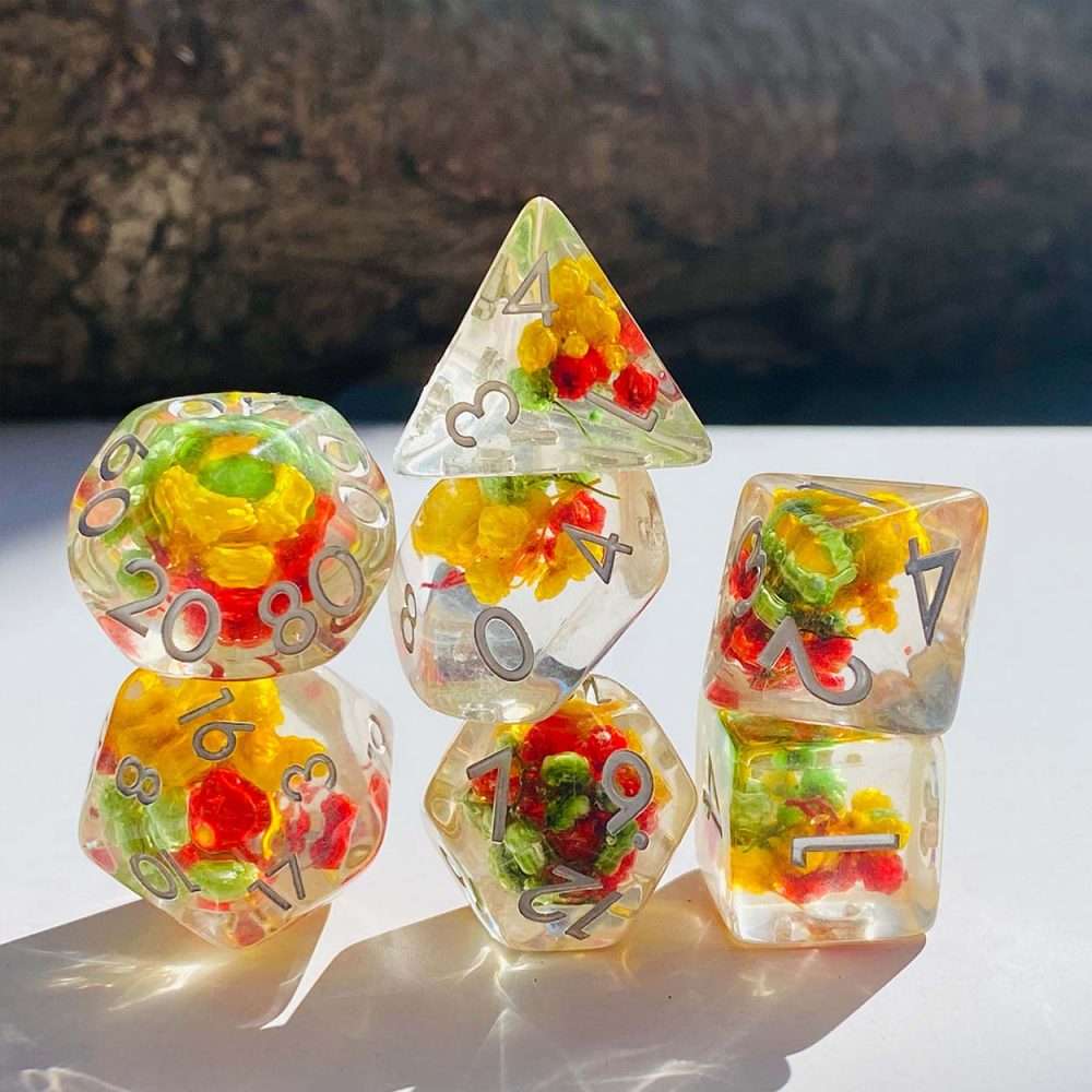 Sage's Cantrips - Transparent Red/Yellow/Green Flowers Resin Polyhedral Dice Set image 3