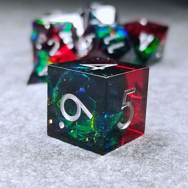 Sage's Enchanted Crystals Red/Green Holo Foil Silver Ink Sharp Edge Resin Polyhedral Dice Set image 2