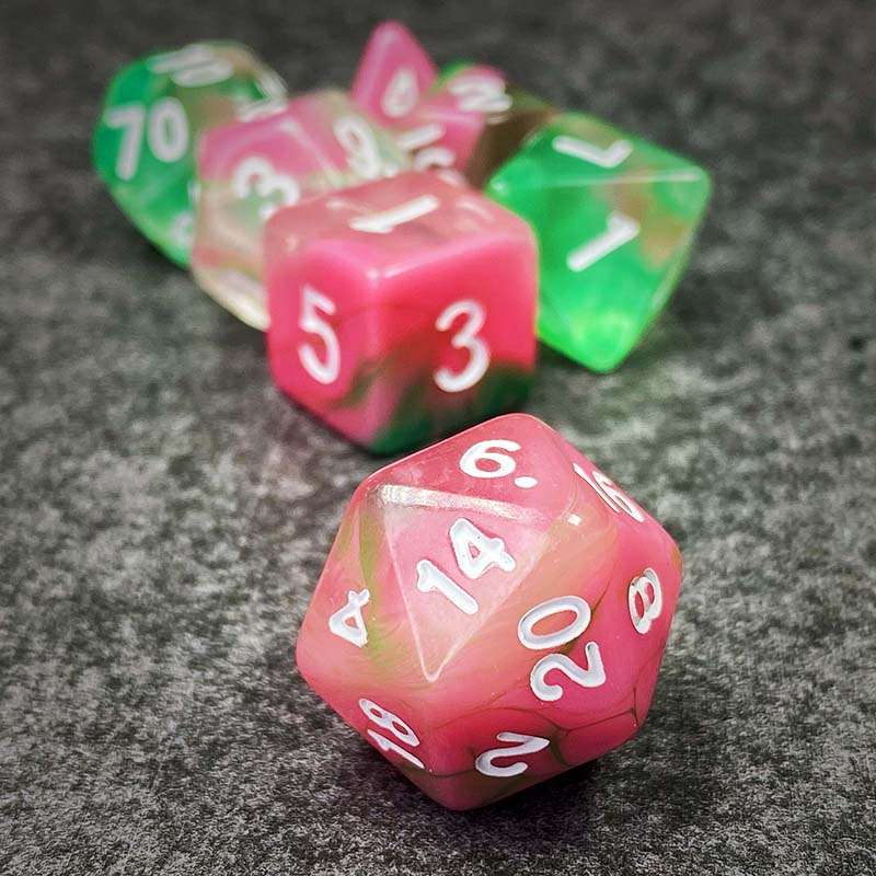 Sage's Capsules - Half Transparent Pink/Green Acrylic Polyhedral Dice Set image 2