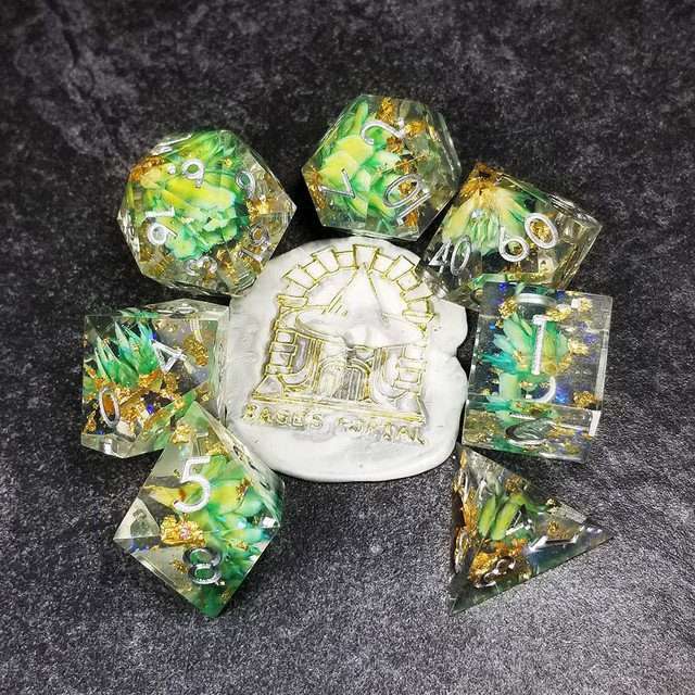 Sage’s Enchanted Flower Cyan Sharp Edge Resin Polyhedral Dice Set image 32