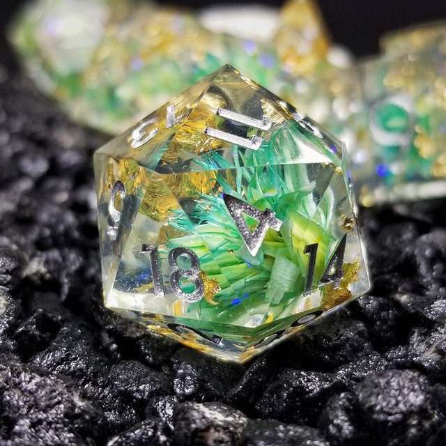 Sage’s Enchanted Flower Cyan Sharp Edge Resin Polyhedral Dice Set image 12