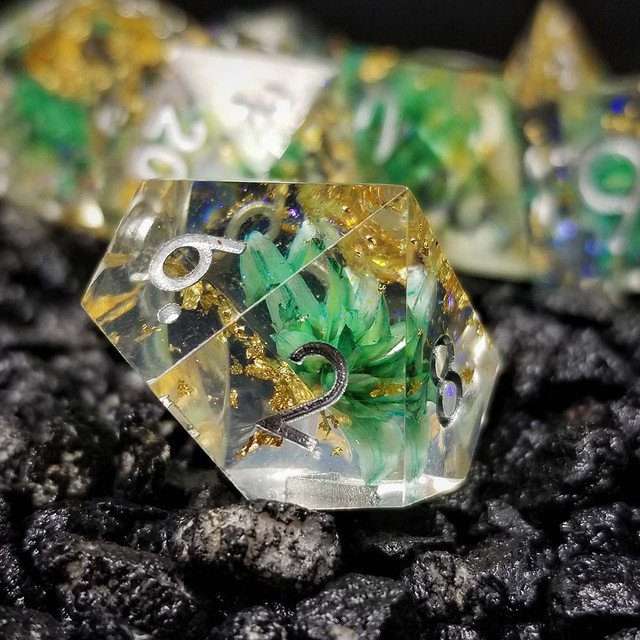 Sage’s Enchanted Flower Cyan Sharp Edge Resin Polyhedral Dice Set image 9