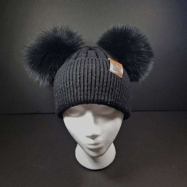 Sage’s Cap – Black Wool Beanie with Double Raccoon Pompom image 8
