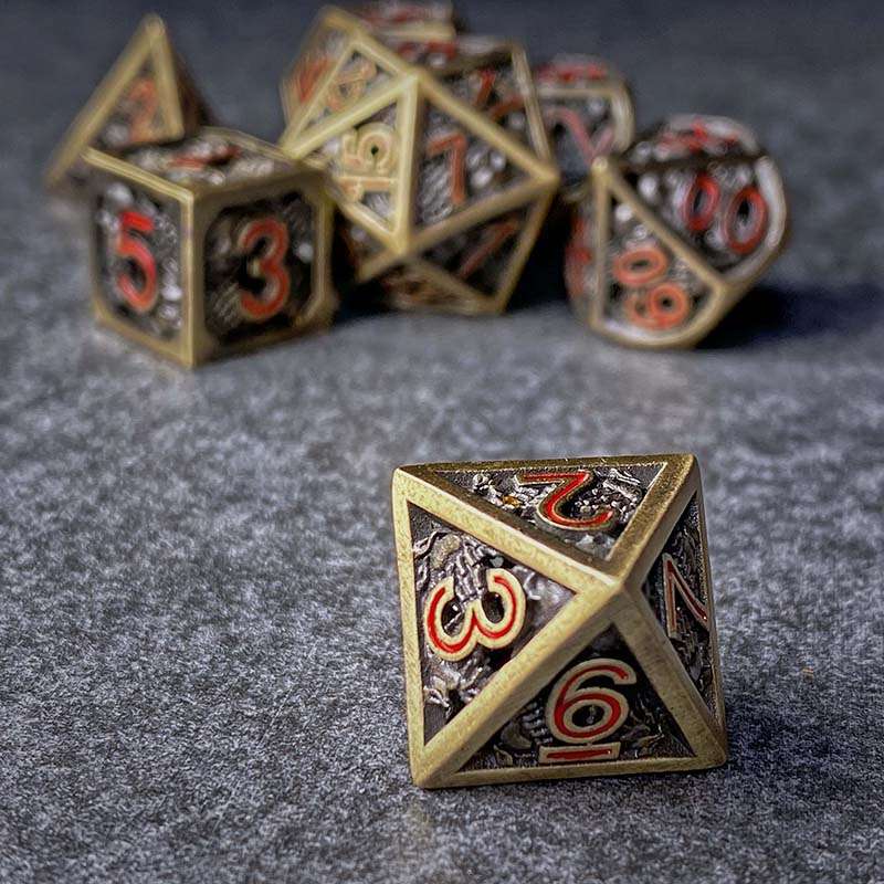 Sage's Grim's Fortunes - Bronze Red Ink Reaper Hollow Metal Polyhedral Dice Set image 5