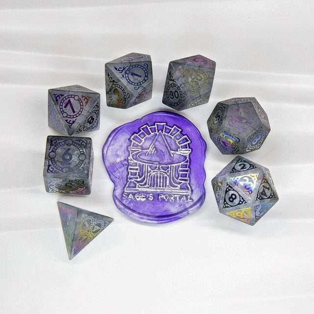 Sage's Glyphed Grey Cracked Glass Frosted Finish Polyhedral Dice Set image 8