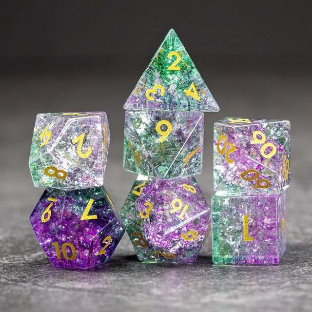 Sage's Kaleidoscopes Purple/Green Cracked Glass Gloss Finish Polyhedral Dice Set image 9