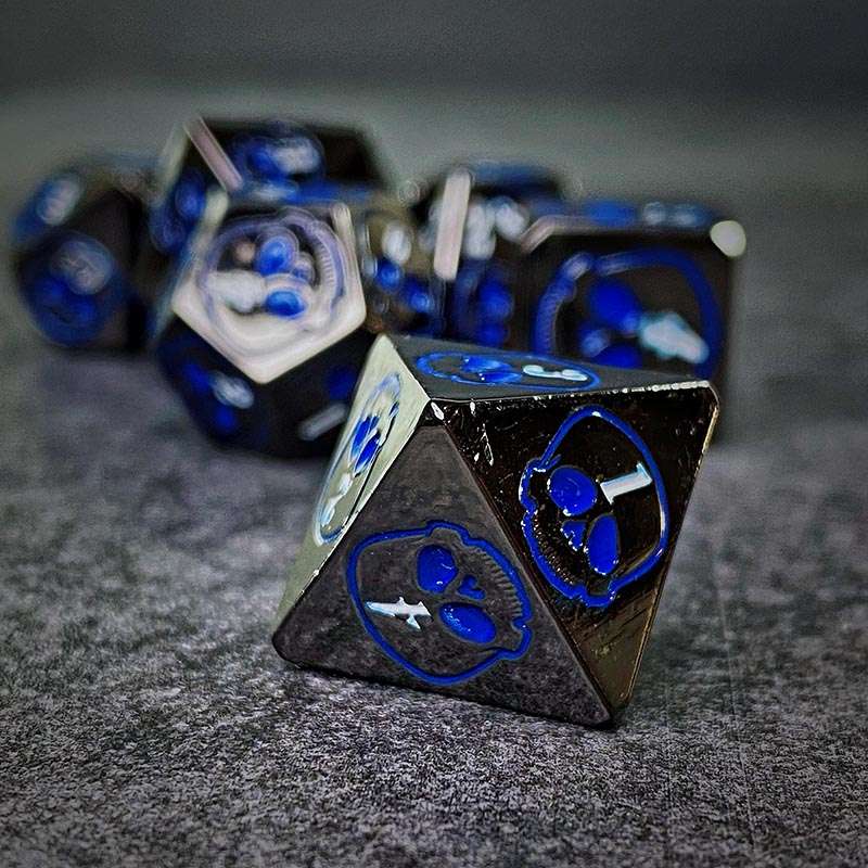 Sage's Grim's Fortunes - Gloss Black with Blue Metal Polyhedral Dice Set image 4