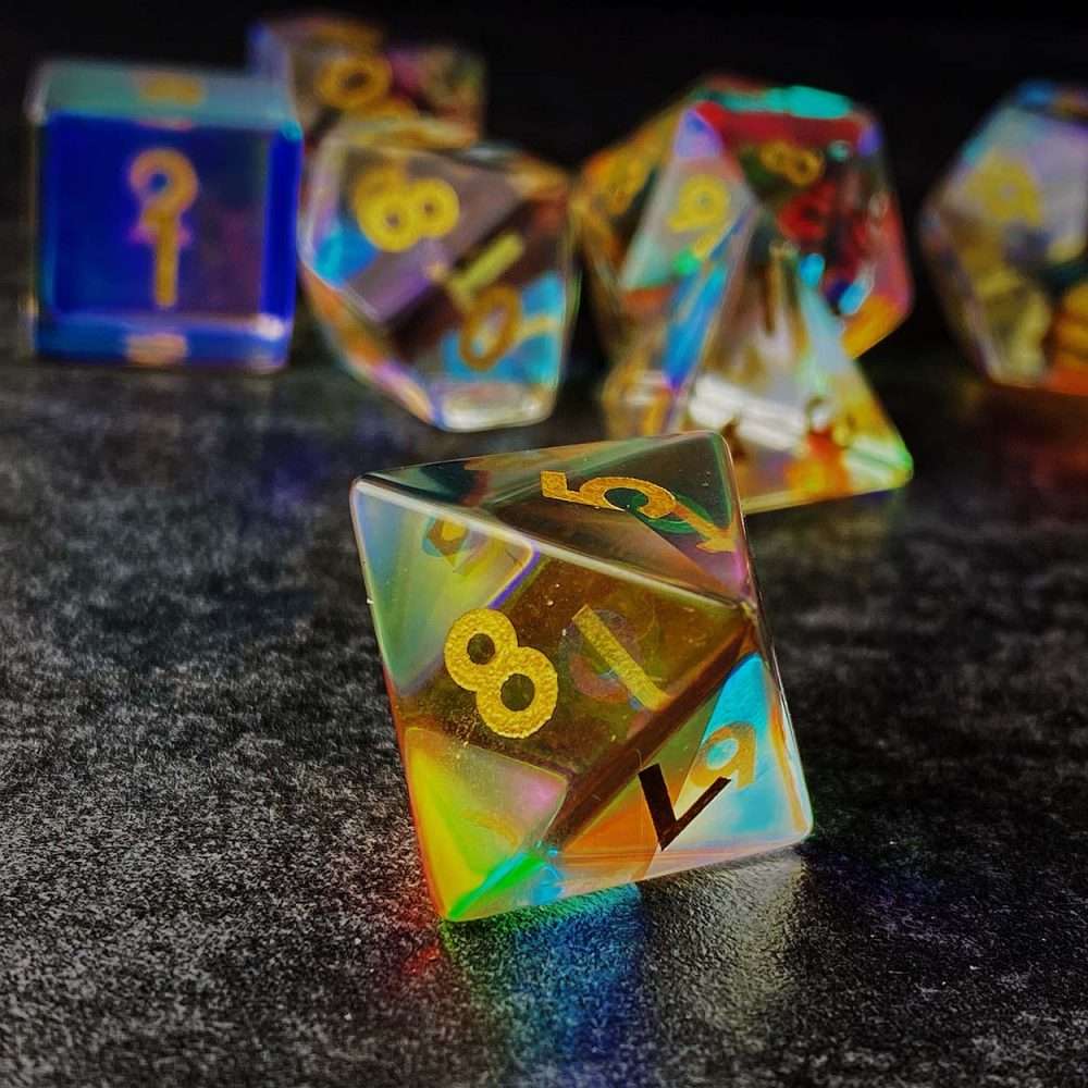Sage's Treasures - Captured Rainbow Gold Ink Dichroic Glass Polyhedral Dice Set image 6