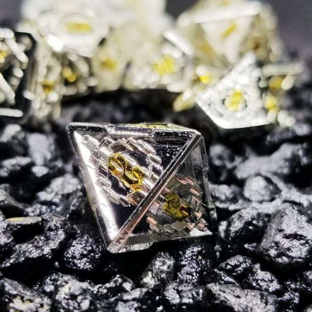 Sage's Knight's Valor - Truesilver Gold Ink Metal Polyhedral Dice Set image 5