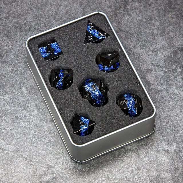 Sage's Rift Stones - Gloss Black Blue Metal Polyhedral Dice Set image 9