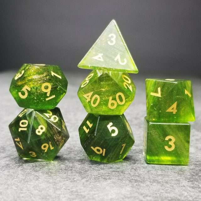 Sage's Treasures- Green Glass Layered Gold Glitter Gemstone Polyhedral Dice Set image 8